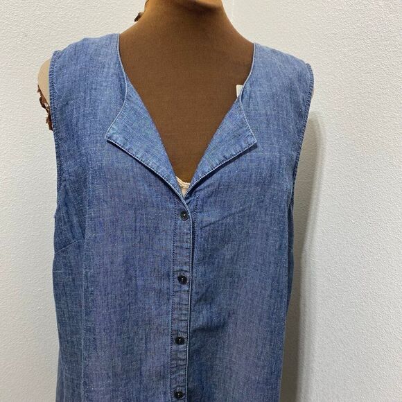 J Jill Large Blue Sleeveless Chambray Linen Blend Shirt Size Large - Picture 3 of 8